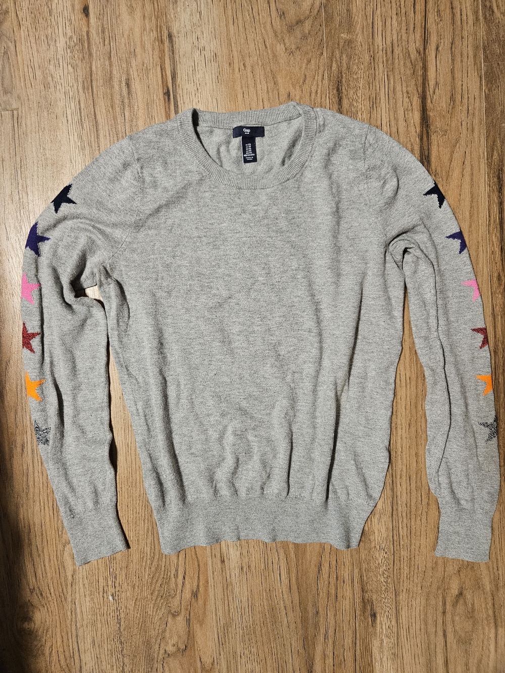 GAP Women's Light Gray Crewneck Sweater with Multicolor Stars on Sleeves